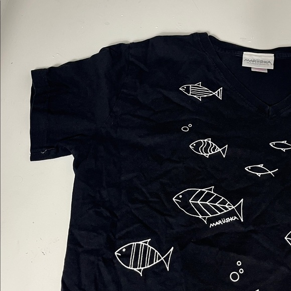 Vintage Marushka Handprints XL Black Short Sleeve V Neck White Fish T Shirt - Picture 2 of 6